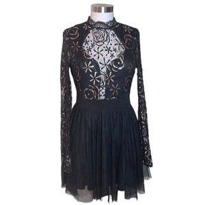 Alt. B - Black and Gold Lace Dress with tulle skirt - Size Large